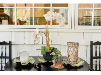 Set Of Three Global Views Ceramic Leaf Lily Plates, Faux Potted Orchid And More