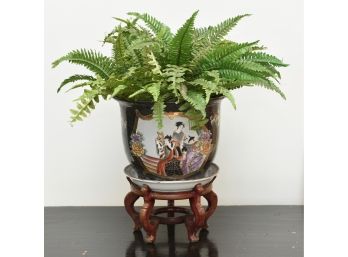 Vintage Chinoiserie Ceramic Planter With Faux Plant And Stand