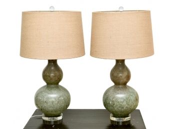 Pair Of Speckled Glass Bulbous Lamps With Lucite Bases And Linen Shades