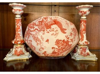 Royal Crown Derby Red Aves Heptagonal Bowl And Candlesticks