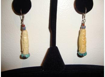 Asian Monk Carved Bone And Turquoise Earrings