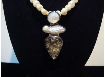 Sterling Fresh Water Pearl And Black Hair Quartz 16' Necklace