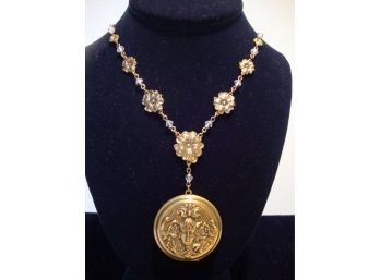 Sadie Green Locket Necklace 28' Crystal Brass Antiqued Look