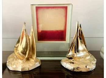 Brass Sailboat Bookends & Heavy Glass Frame