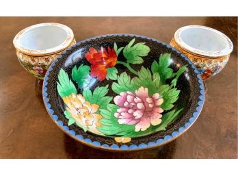 Vibrant Enamel Bowl And Pair Of Colorful Petite Jars