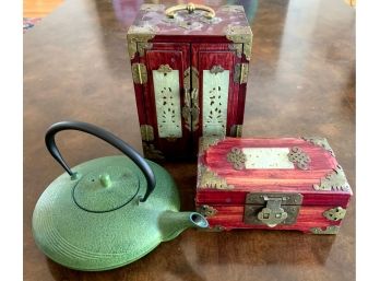 Trio Of Eastern Decor Pieces - Boxes And Teapot