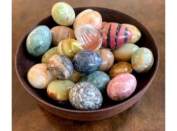 Wood Bowl And Collection Of Polished Stone And Marble Eggs (24)