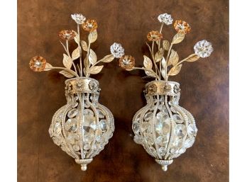 Stunning Pair Of Crystal And Flower Wall Sconce Lights