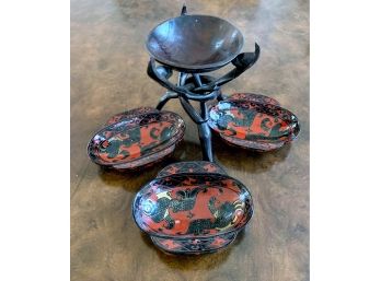Global Bowl And Stand With 3 Lacquered Wood Bowls