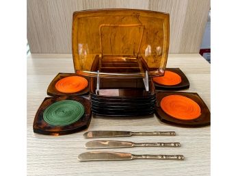 Brown MCM Trays & 4 Coasters & Bamboo Brass Hor D'oeuvers Set