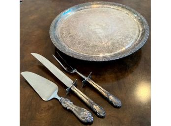 Large Silver Plated Lazy Susan And Serving Pieces