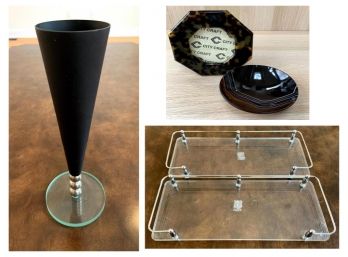 Decor Grouping - Black Vase, Pair Of Acrylic Vanity Trays, Frame And Petite Dish
