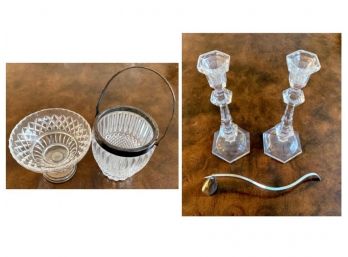 Crystal And Silver Ice Bucket And Footed Bowl, Snuffer, & Crystal Candlesticks