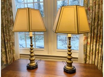 Vintage Pair Of Brass And Wood Table Lamps
