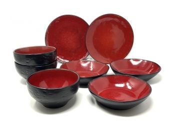 Striking Vintage Black And Red Pottery Dinnerware- Set Of 8