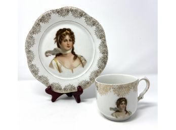 Antique Victorian Portrait Plate And Cup