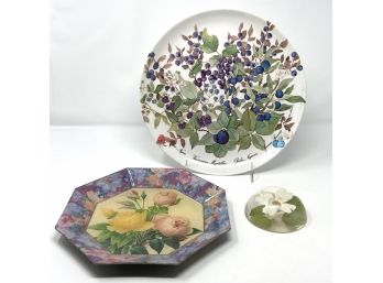 Floral Collection: Two Plates And A Paperweight