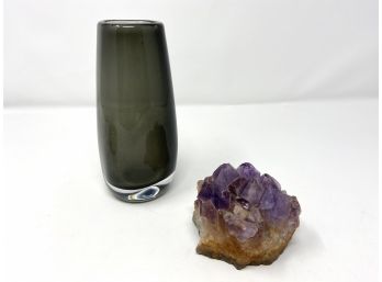 Mid-Century Modern Art Glass Two-Tone Vase And Amethyst Geode