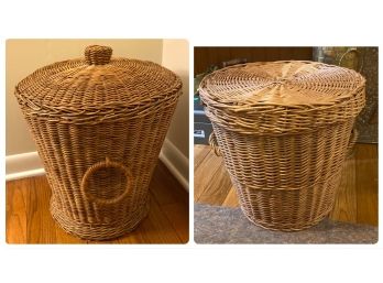 Two Tall Woven Wicker Containers