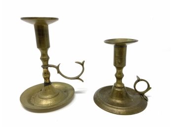 Two Antique Brass Chamberstick