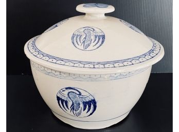 Antique Ceramic Crock & Lid With Unique Eagle Design