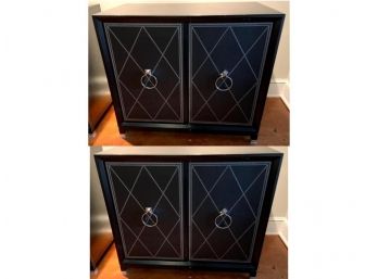 Pair Of Black Storage Cabinets With Leather Wrapped Doors