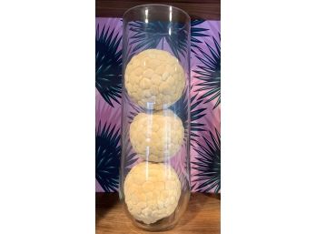 Large Glass Cylinder With Dried Grass Decor Balls