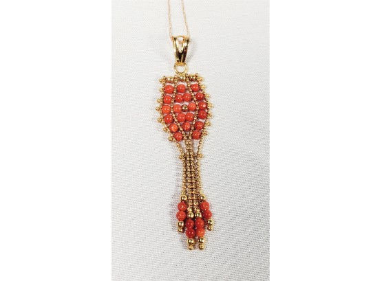 18k Gold And Coral Pendant With 14k Necklace