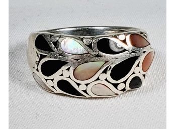Vintage Large Sterling Silver Ring With Onyx And Stones