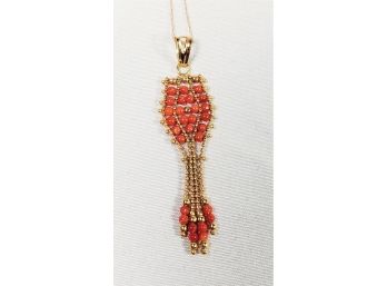 18k Gold And Coral Pendant With 14k Necklace