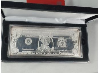 4 Oz .999 Silver Bar In Shape Of $1 Dollar Bill With Case And Display Holder