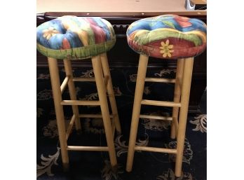 Pair Of Wooden Bar Stools With Plush Padding