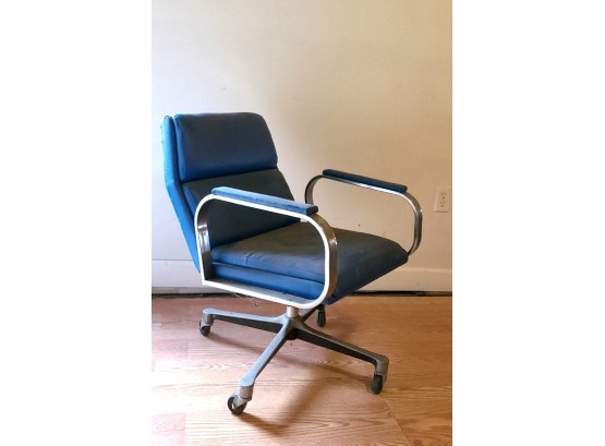 Vintage Faux Blue Leather Rolling Arm Chair