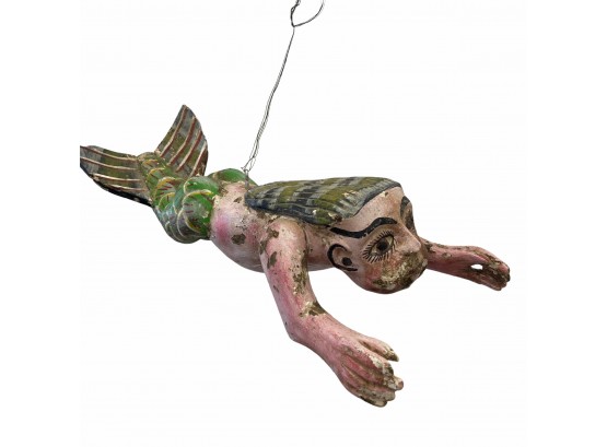 Whimsical Hand Carved Primitive Hanging Mermaid Figure