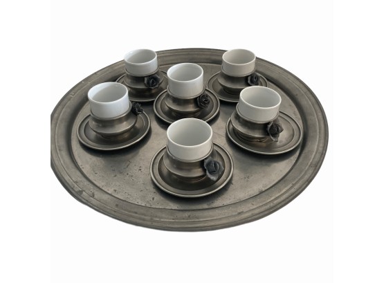 Nice Vintage Italian Peltro Pewter Platter With Espresso Cups  Pot O'Creme Cups