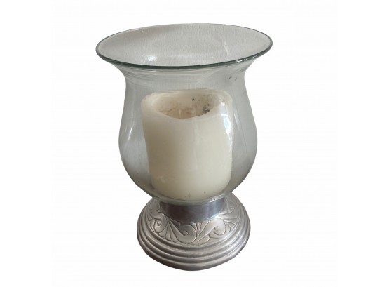 Massive Pewter Candle Holder With Handblown Glass Hurricane Shade - 10' -12'