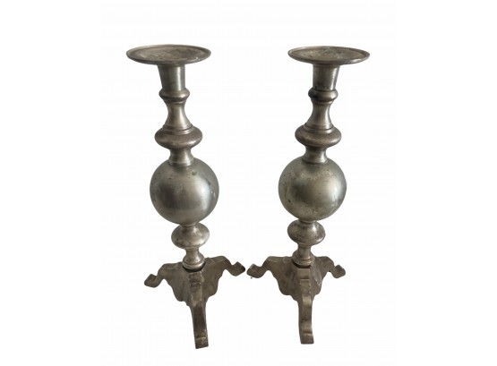 Tall Antique Pewter Candlesticks - 14'