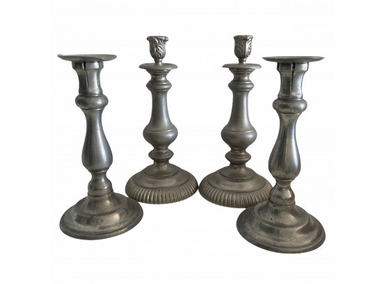 Two Pair Antique Pewter Candlesticks - 10' -12'