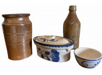 Four Piece Antique Pottery Lot 8' Jar, 9' Bottle, 8' Cassouley & 4 ' Bowl