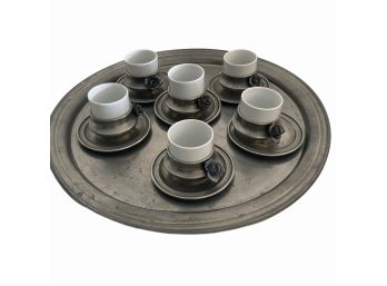 Nice Vintage Italian Peltro Pewter Platter With Espresso Cups  Pot O'Creme Cups