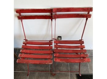 Pair Of Vintage Red Metal And Wood Slat Folding Chairs