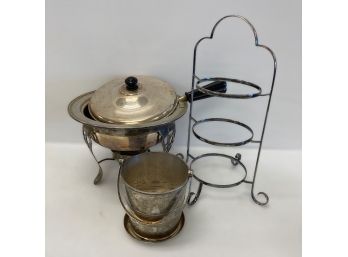 Vintage Silver Plate, Chafing Dish, Plate Rack, Ice Bucket WTongs