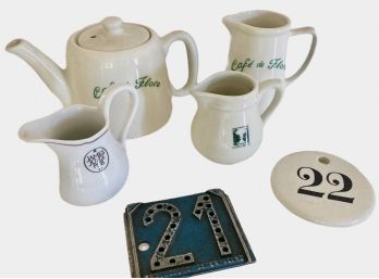 Group Of French Restaurant Creamers Teapot And Two Hotel Room Plaques