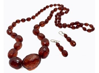 Vintage Cherry Amber Bakelite Beads And Earrings
