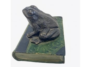 Antique English Bronze Frog On A Book - Signed