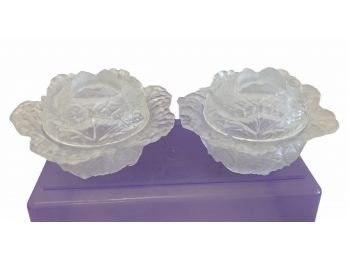 Pair Of Vintage Portieux Vallersthal Glass Cabbage Leaf Covered Bowls