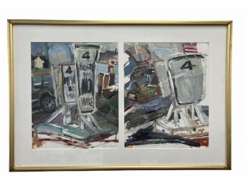 Framed Pair Boatyard Paintings'NO WAKE' By Estelle Nussbaum