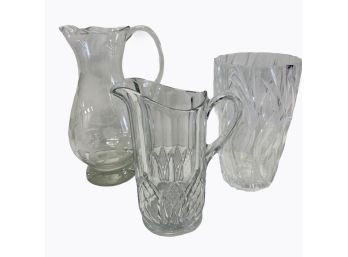 Antique Pressed  Glass Pitcher, Tall Crystal Vase & Etched Pitcher