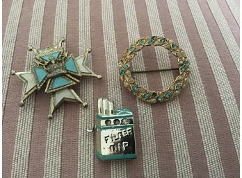 Three Pins Each With Teal Highlights Including Signed Coro Pin, Etc. - Lot #28