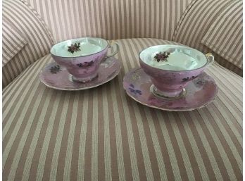 Two Vintage Japanese Pink Floral Bone China Teacup And Saucer Sets - Lot #3